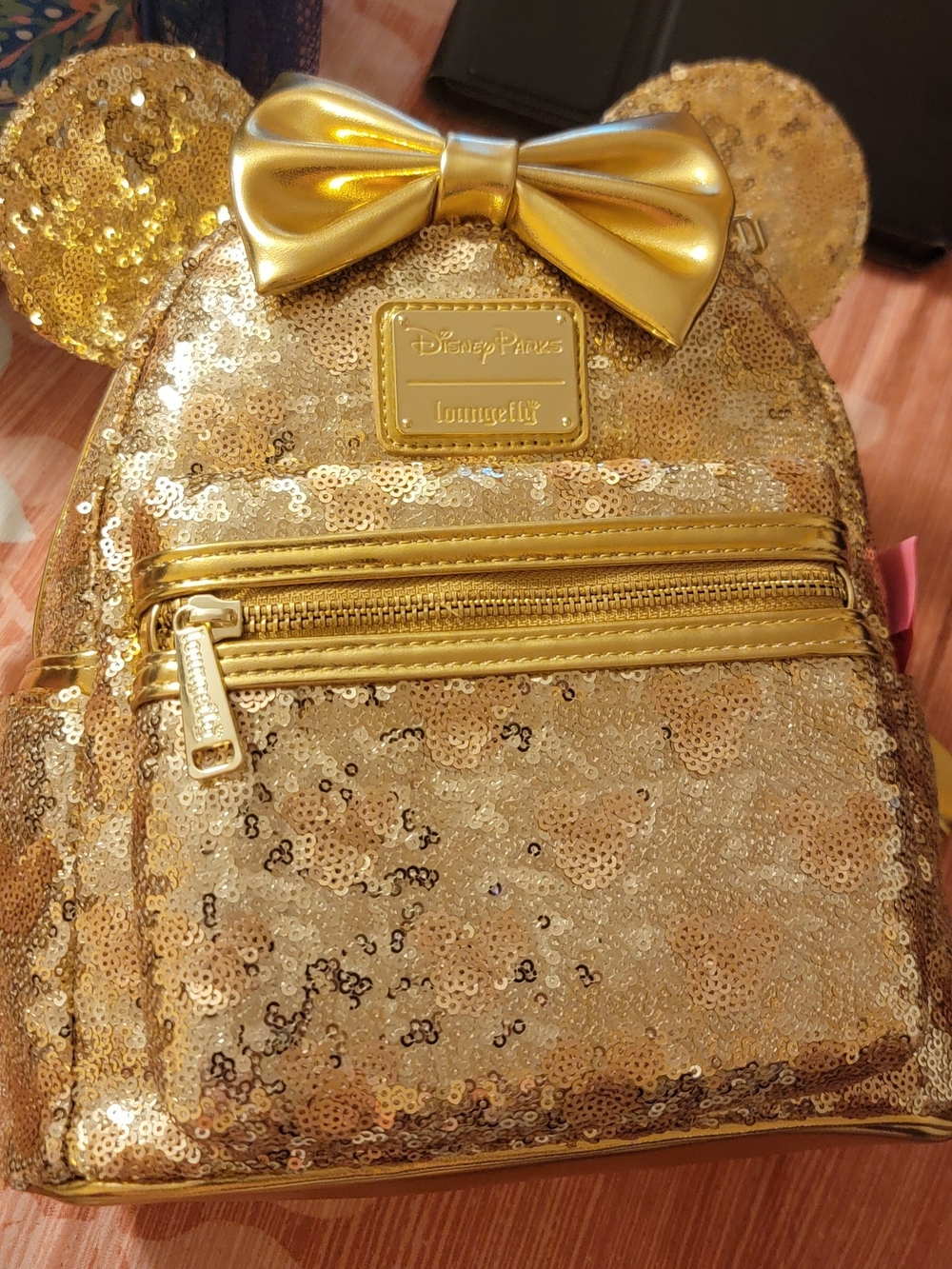 Loungefly Gold Sequin Minnie Ear Mini Backpack with Metallic Bow